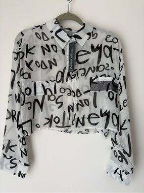 Sheer Script Print Cropped Blazer Jacket - Black/White with sequins.
